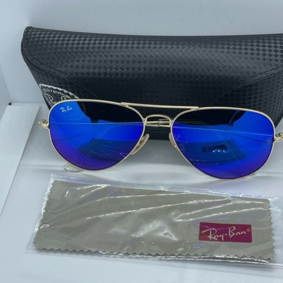 BNWT Rayban Gold with Blue Mirror sunglass 58-14 - Picture 2 of 6